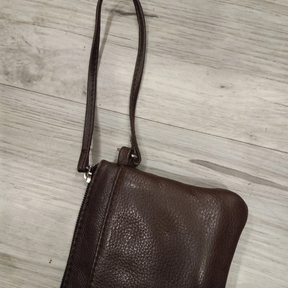Brown Leather Wristlet Clutch with Silver Buckle